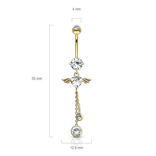Oro 14 kt Piercing Ombelico Pendente ad ali d´angelo e zircone