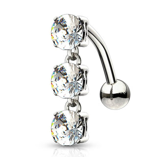 Oro 14 kt Piercing Ombelico Pendente con 3 Zirconi