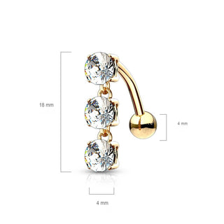 Oro 14 kt Piercing Ombelico Pendente con 3 Zirconi