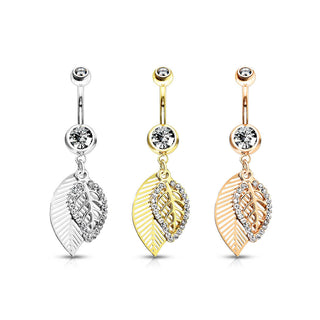 Piercing Ombelico Foglia pendente di zirconi
