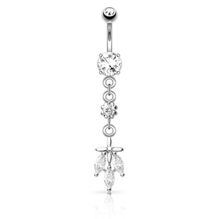 Piercing Ombelico Foglia pendente con 3 Zirconi