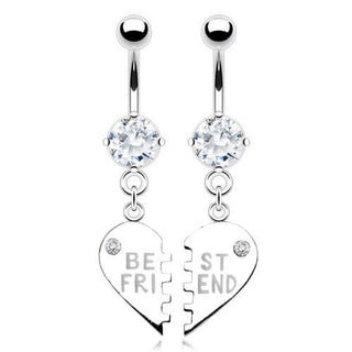 Piercing Ombelico Pendente con scritta BEST FRIEND a Cuore diviso con Zirconi