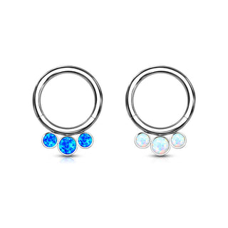 Titanio Anello Piercing Argento con 3 sfere di opale Clicker