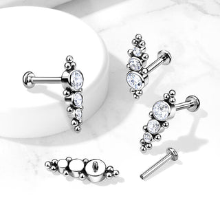 Titanio Labret 3 cilindri argento con zirconi Filettatura Interna