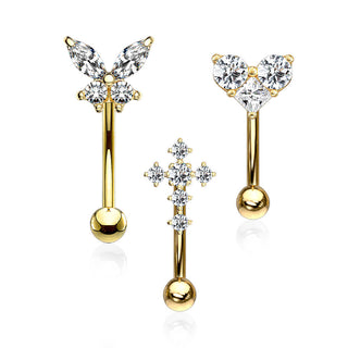 Piercing Sopracciglio Farfalla/cuore/croce di zirconi, 3 pezzi