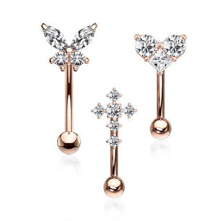 Piercing Sopracciglio Farfalla/cuore/croce di zirconi, 3 pezzi