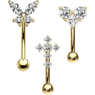 Piercing Sopracciglio Farfalla/cuore/croce di zirconi, 3 pezzi