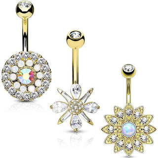Piercing Ombelico Fiori Oro/Zirconi/Opali, 3 pezzi