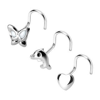 Argento 925 Screw Nasale Farfalla/cuore/delfino in argento, 3 pezzi