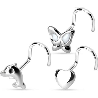 Argento 925 Screw Nasale Farfalla/cuore/delfino in argento, 3 pezzi