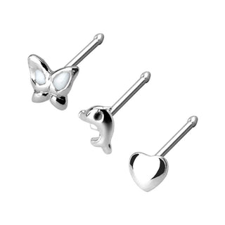 Argento 925 Stud Nasale Farfalla/cuore/delfino in argento, 3 pezzi