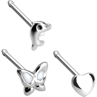 Argento 925 Stud Nasale Farfalla/cuore/delfino in argento, 3 pezzi