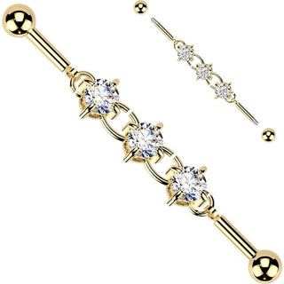 Industrial Barbell centered 3 round prong set cubic zirconia chain