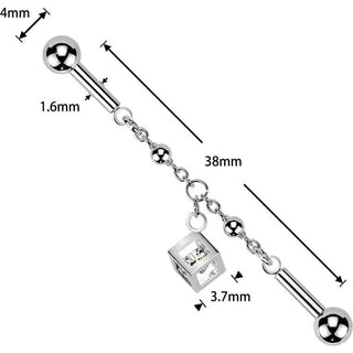Industrial Barbell centered chain cubic zirconia cube dangle