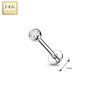Solid Gold 14 Carat Labret Ball Flat Zirconia Push-In