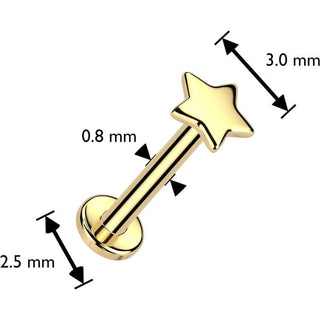 Oro 14 kt Labret stella piatto piercing al naso Push-In
