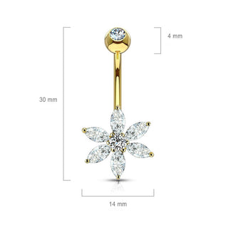 Oro 14 kt Piercing Ombelico Fiore di zirconi