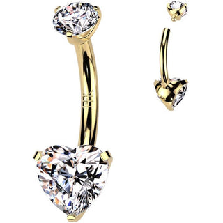 Oro 14 kt Piercing Ombelico cuore zircone Filettatura Interna