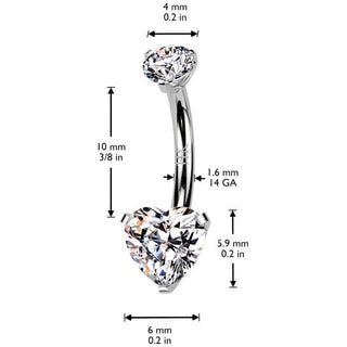 Oro 14 kt Piercing Ombelico cuore zircone Filettatura Interna