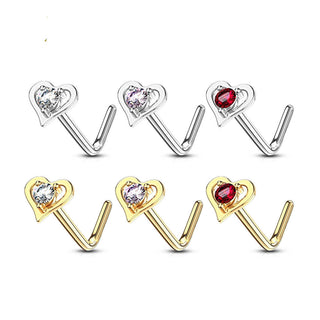 Solid Gold 14 Carat Nose L-Shape Heart Zirconia