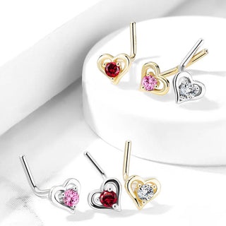 Solid Gold 14 Carat Nose L-Shape Heart Zirconia