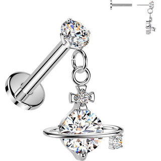 Labret prong setting cubic zirconia and cubic zirconia saturn dangle Push-In