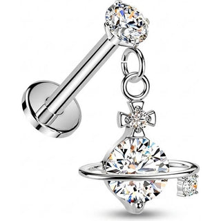 Labret prong setting cubic zirconia and cubic zirconia saturn dangle Push-In