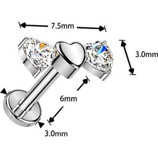 Titanium triple heart and 2 cubic zirconia hearts Push-In