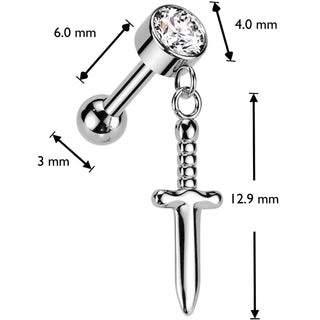 Titanium Barbell Dagger Zirconia Dangle Push-In