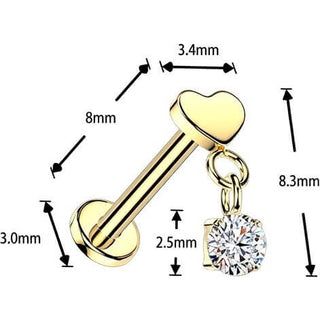 Titanium Labret flat heart with round cubic zirconia dangle Push-In