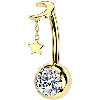 Titanium Belly Button Piercing star moon dangle zirconia Push-In