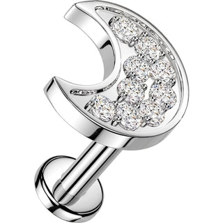 Labret pave cubic zirconia crescent moon Internally Threaded