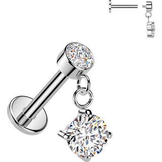 Labret round cubic zirconia dangle bezel setting Internally Threaded