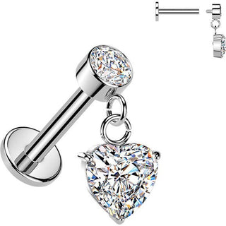Labret heart cubic zirconia dangle bezel setting Internally Threaded