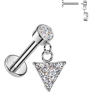 Labret triangle cubic zirconia dangle bezel setting Internally Threaded