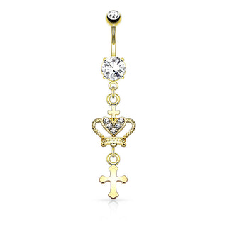 Piercing Ombelico Zircone con pendente croce e corona