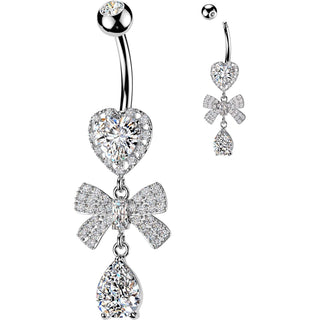 Belly Button Piercing dangle heart pave ribbon teardrop cubic zirconia