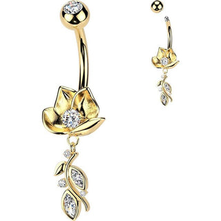 Belly Button Piercing lotus flower and cubic zirconia vine dangle