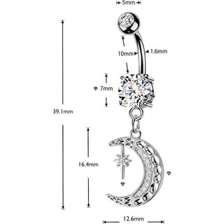 Belly Button Piercing zirconia crescent moon star dangle