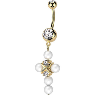 Piercing Ombelico Zirconi e Croce pendente di Perle
