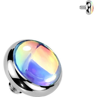 Titanium top flat bezel set iridescent stone Internally Threaded