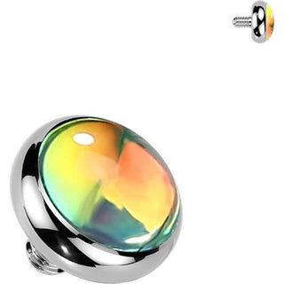 Titanium top flat bezel set iridescent stone Internally Threaded