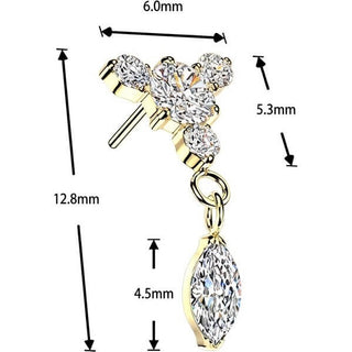 Titanium top round zirconia with 3 small zirconias and marquise dangle Push-In