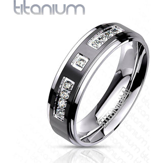 Titanium Finger Ring Titan Band Ring Multi Cubic Zirconias Black IP Center
