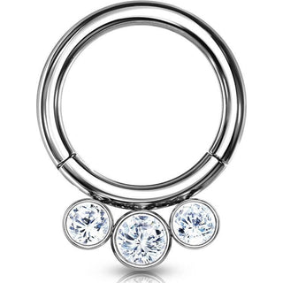 Titanio Anello Piercing Argento con 3 sfere di zircone Clicker