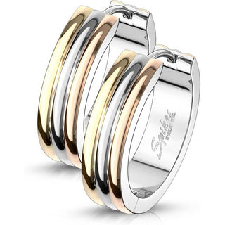 Hoop Earring 316L Hinge Action Hoop Earrings Triple Dome 3 Tone 1 Pair