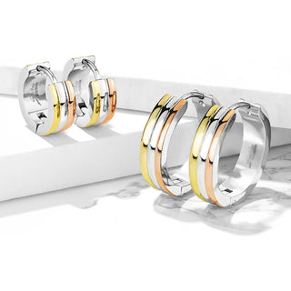 Hoop Earring 316L Hinge Action Hoop Earrings Triple Dome 3 Tone 1 Pair