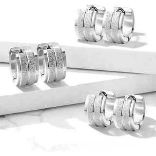 Hoop Earring 316L Sandblasted Grooved Line Stepped Edges Hinged Hoop Earrings 1 Pair