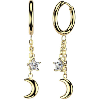 Earring Moon And Zirconia Star Chain Dangle 1 Pair