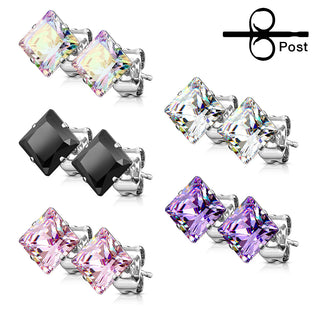 Stud Earring 316L Princess Cut Square Cubic Zirconia Stud Earring 1 Pair